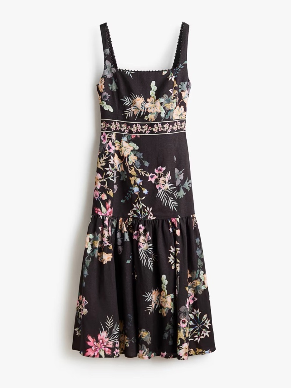 H&M Black Floral Linen-Blend Midi Dress